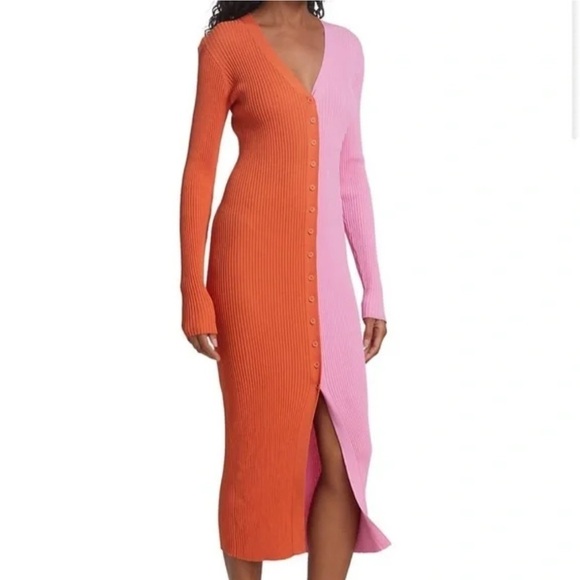 Pink and Orange Ribbed Button Down Midi Sweater Dress - Picture 11 of 11